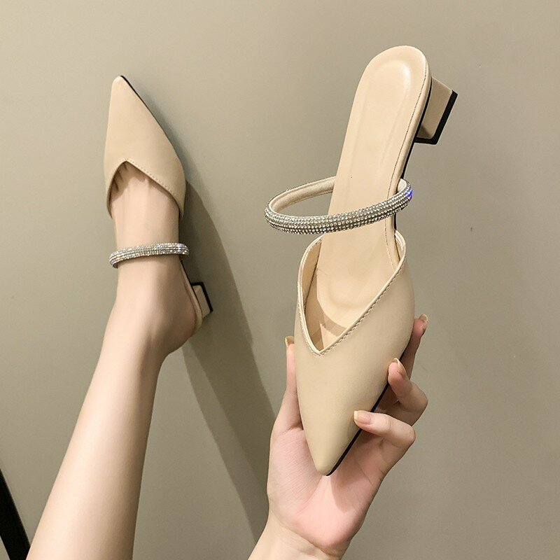 스퀘어 힐 PU 여성 신발, PU 포인트 힐, 캐주얼 신발, 단색 하이 퀄리티, 여름 슬리퍼, 2024 패션