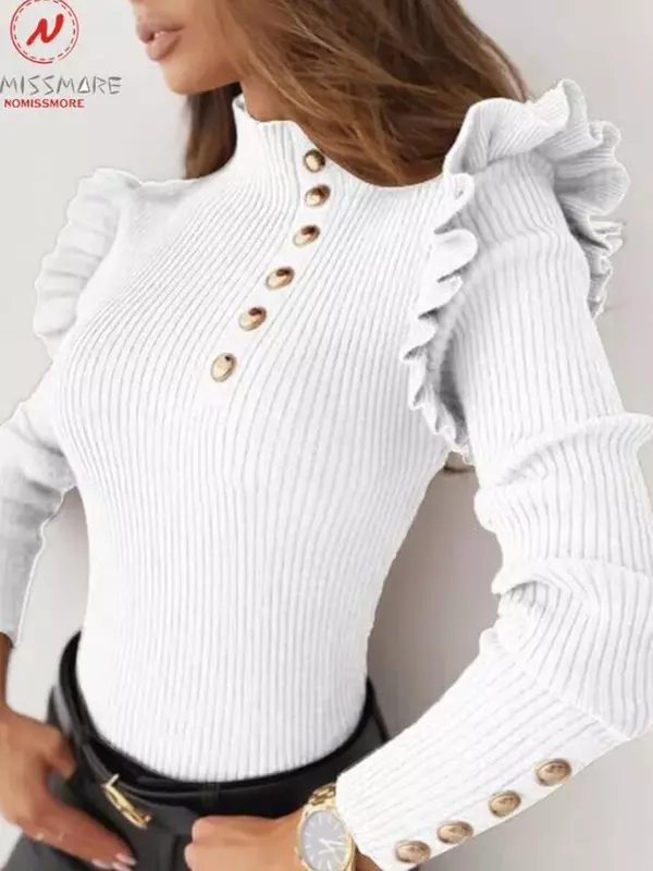 Top de malha elegante de peito único feminino, design de babados, gola alta, manga comprida, monocromática, suéteres quentes, outono, inverno