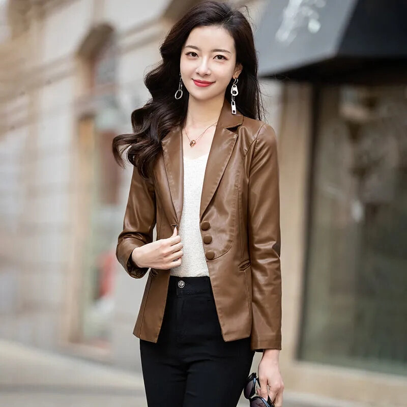 Jaqueta de couro PU feminina, casaco coreano, outwear glamoroso curto fino, sobretudo feminino de motocicleta, nova moda, primavera, outono, 2023