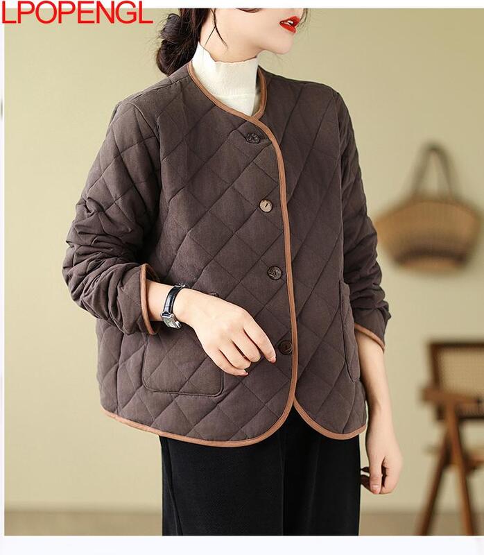Fashion Temperament Lingge Jacket Women's Autumn And Winter Loose Casual Vintage Long Sleeves Single Breasted Cotton Short Coat