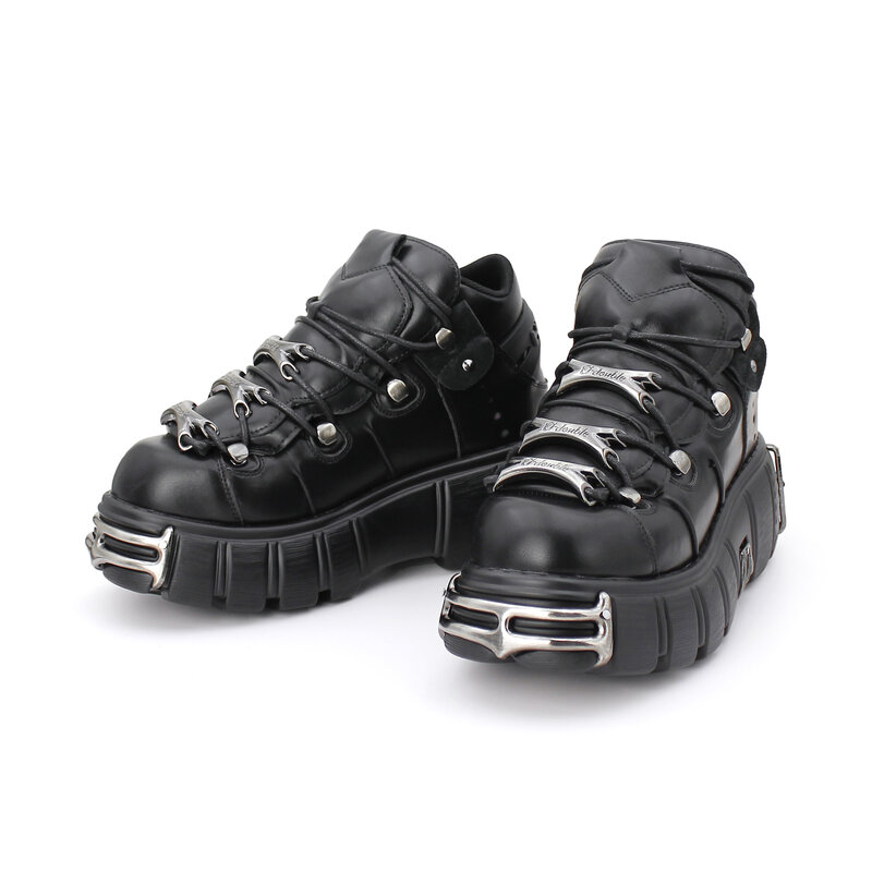 U-DOUBLE 펑크 스타일 고딕 앵클 부츠, 레이스 업 플랫폼 신발, 힐 높이 6cm, 금속 장식 스니커즈