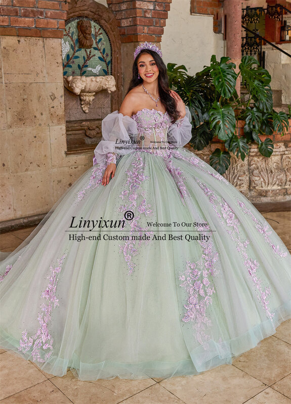 Miętowa sukienka na Quinceanera suknia balowa lawendowa duża kokarda aplikacja kwiatowa 3D z koralikami meksykańskiego słodkiego 16 Vestidos De XV 15 Anos