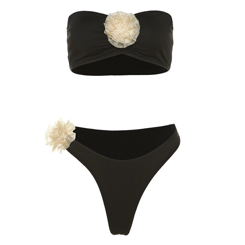 Maillot de bain deux pièces sexy pour femmes, bikini d'été, décoration florale en trois dimensions, sans bretelles, à la mode, nouvelle collection 2023