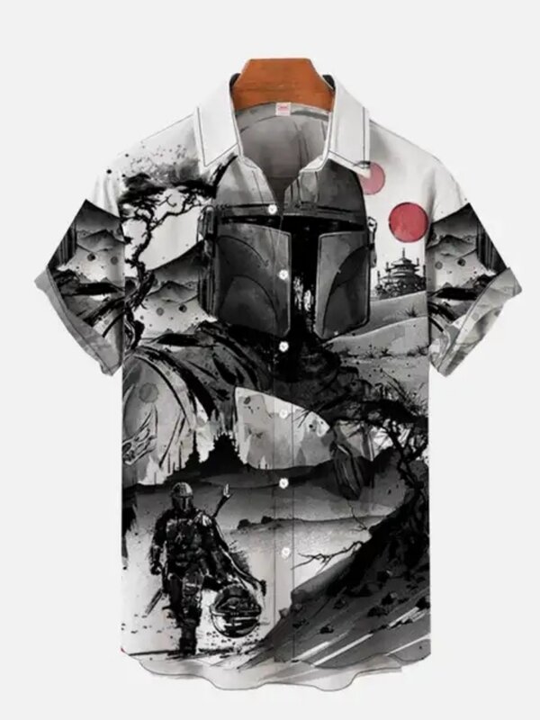 Vintage Japan Harajuku Retro Masked Samurai Men's Hawaiian Casual Shirt Men With Print Short Loose Camisas Casuais Slim Fit Y2K