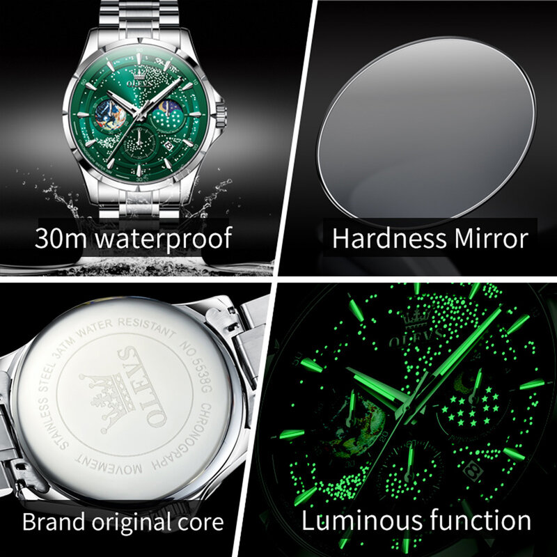 OLEVS Original Brand Starry Sky Dial Men's Watches Calendar Moon Phase Luminous Waterproof Quartz Watch Stainless Steel Strap