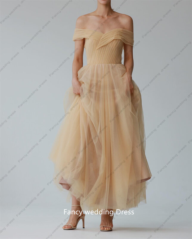 Fancy Off the Shoulder Evening Dress 2023 Korea A-LINE Slim Backless Pleat Tulle Prom dress Floor-Length Wedding Dress