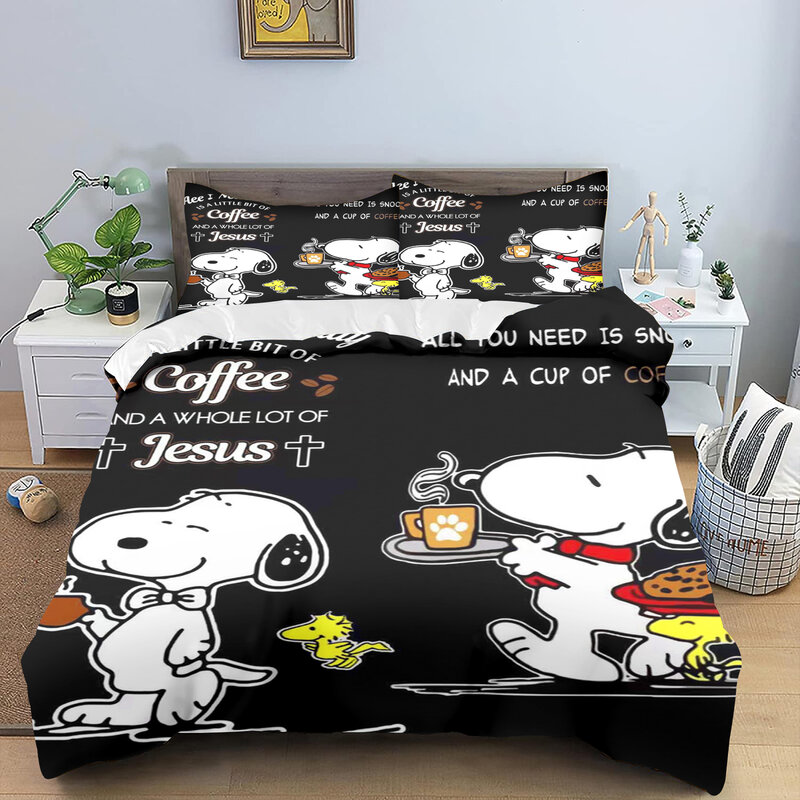 Snoopy Quilt 100% Polyester Cute Cartoon Printed Duvet for Children Skin-Friendly Breathable Bedding Set Happy Puppy 3 Pcs
