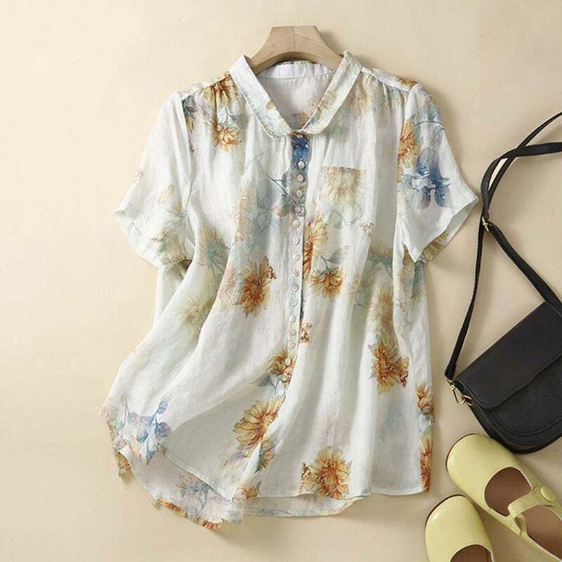 여성용 부드러운 질감 루즈핏 셔츠, 세련된 여름 캐주얼 셔츠 컬렉션, 라펠 반팔, 루즈핏 셔츠, 포켓 포함
