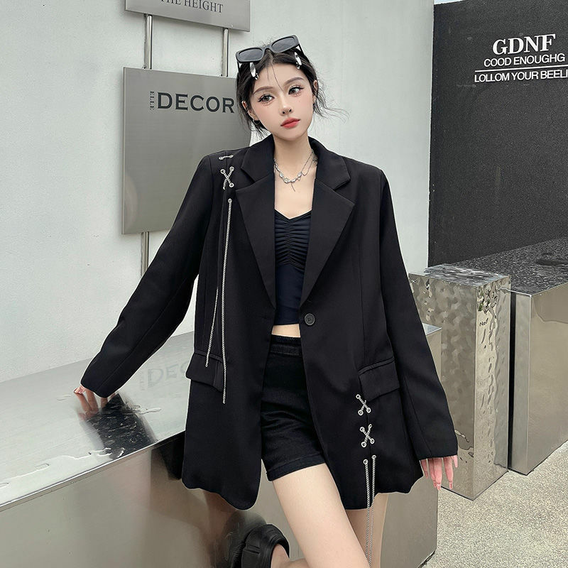 여성용 블랙 세트 재킷, 루즈핏 세트 상의, 용수철 및 가을