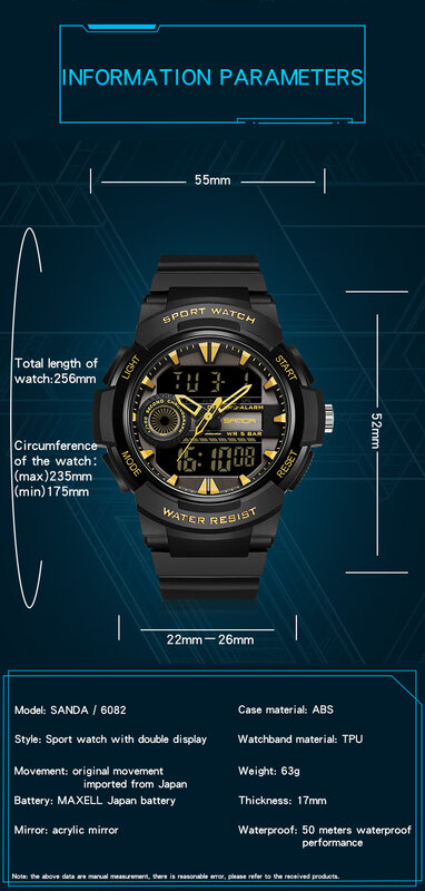 2023 modne męskie zegarki Sanda sportowe Top markowe zegarek z podwójnym wyświetlaczem 50m zegarek wodoodporny dla męskiego zegara