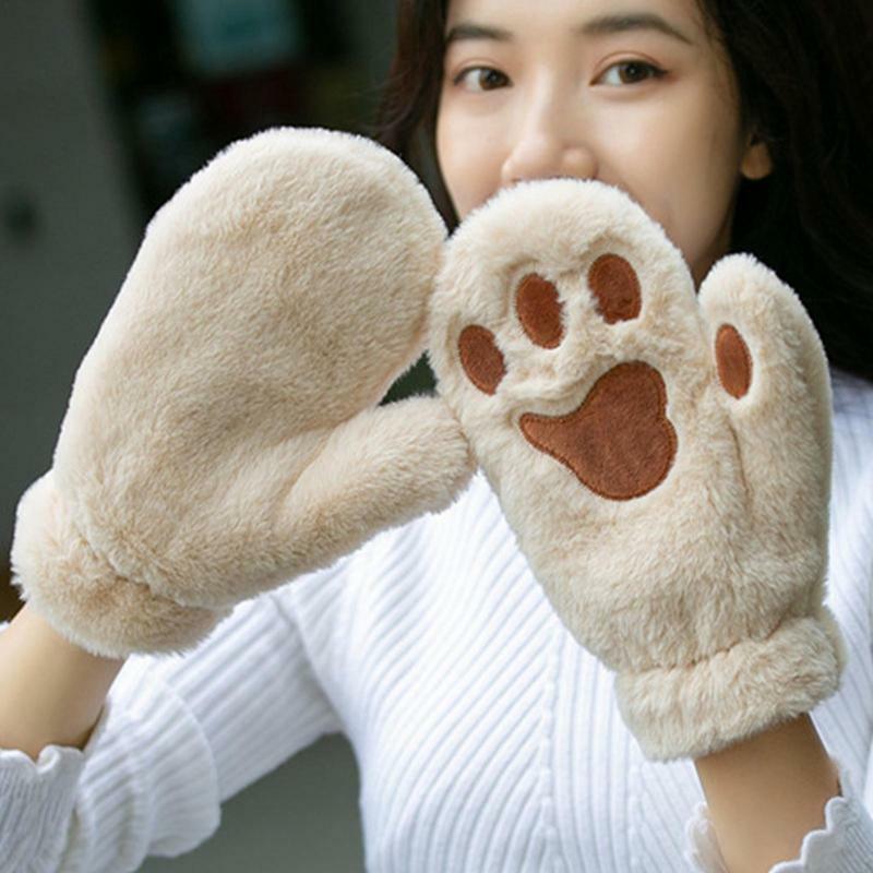 Gants d'hiver en peluche à pattes de chat pour femme, Adorable, fourrure, griffe de chat, doigts complets, cadeaux chauds pour adolescents