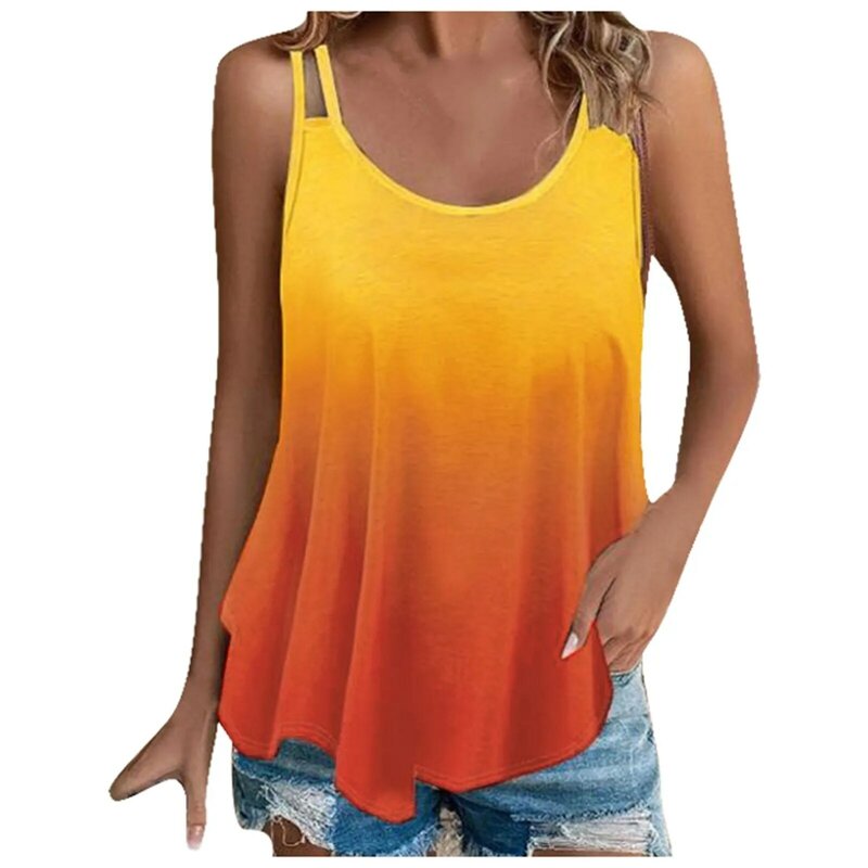 Women's Summer Color Matching Crop Tops Ladies O-Neck Sleeveless Dew Shoulder Tops Casual Loose Pleated Beach Tank T-Shirts