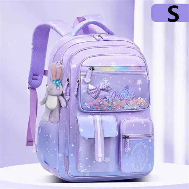 Tas sekolah dasar, tas sekolah kapasitas besar, tas sekolah anti air, gambar Putri, ringan, dengan liontin kelinci untuk anak perempuan