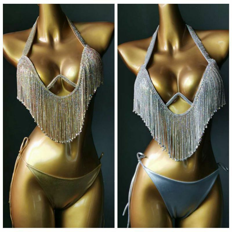 Aço Suporte Hard Cup Bikini Diamante Tassel Prata Brilhante Underwear Cintura Alta Lace Up Swimwear Conjunto de 2 peças, Terno de boate