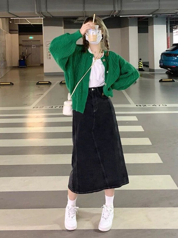 Deeptown Vintage Green Cropped Cardigan Women Harajuku Oversized Knitted Sweater Korean Casual Long Sleeve Tops 90s Streetwear