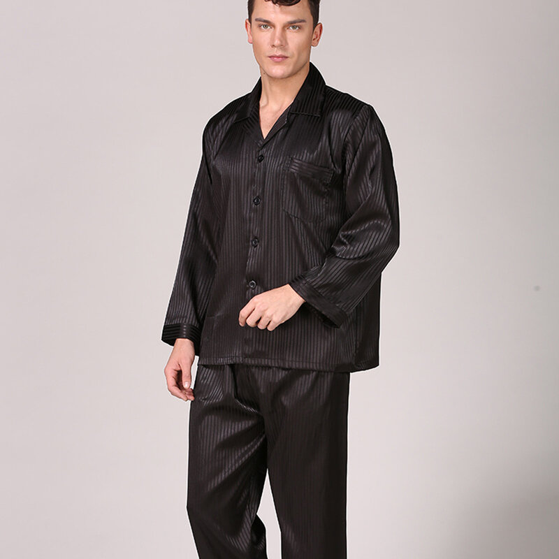 Рубашка мужская с отложным воротником, жаккардовая атласная пижама в полоску, пижама с длинными рукавами, домашняя одежда, весна-осень