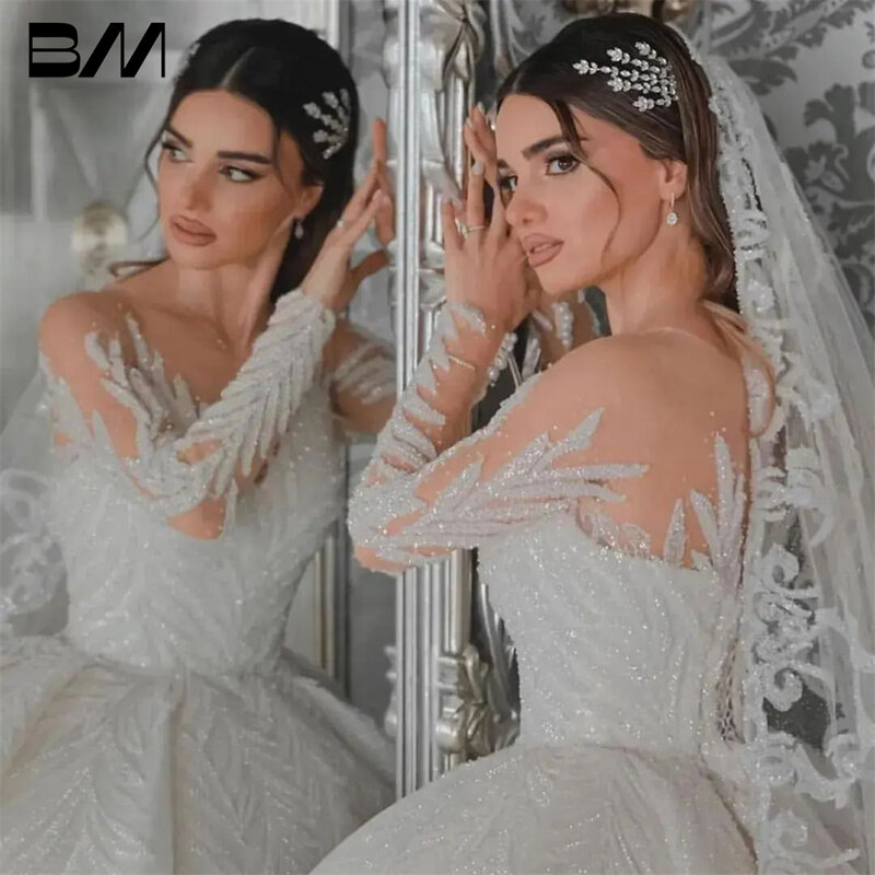 Luksusowa suknia ślubna z iluzją z długim rękawem wykwintne suknie panny młodej balowa suknia dla panny młodej 2024 szata De Mariee