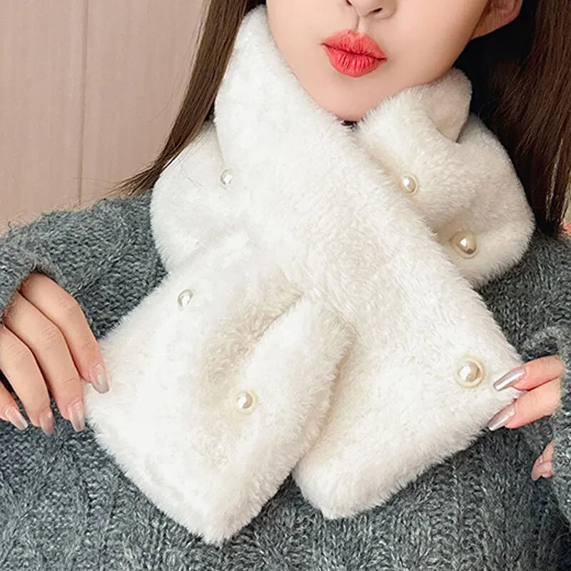 Korean Solid Thicken Faux Rabbit Fur Pearl Plush Scarf Women Winter Outdoor Neck Protection Windproof Fake Collar Warm Shawl