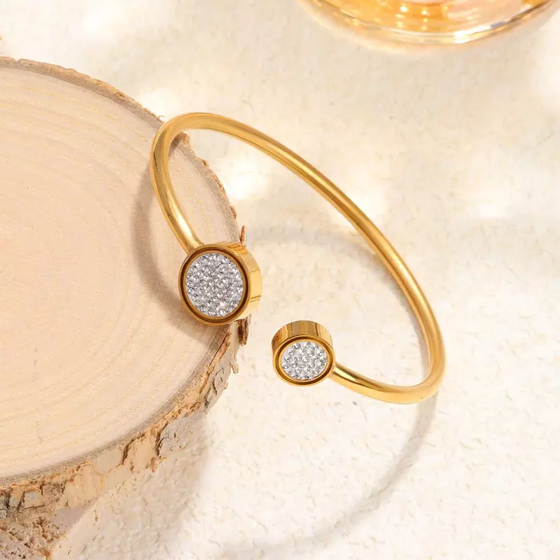 Bracelets incrustés ronds ouverts en forme de C pour femmes, acier inoxydable, plaqué or 18 carats, accessoires de bijoux, cadeaux du jour de Léon