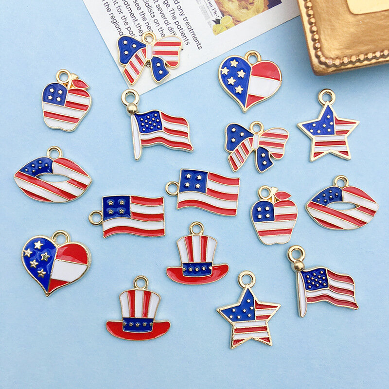 10pcs Mixed American Flag Pendant DIY Couple Necklace Bracelet Keychain Accessory Charms Jewelry Independence Day Gift