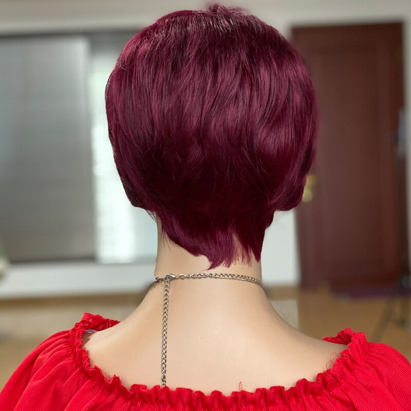 Peruka z krótkim fryzura Pixie 99J proste włosy ludzkie peruki z grzywką brazylijskie włosy Remy pełne peruki wykonane z Mahine