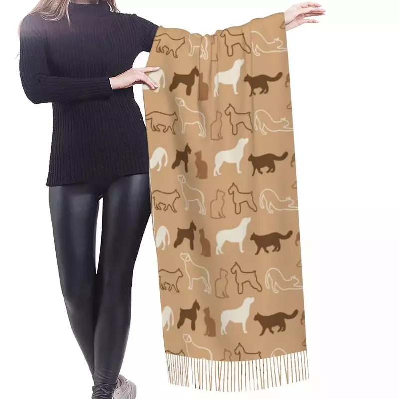 Забавные силуэты кошек и собак Зимний шарф шали для женщин и мужчин теплые шарфы Bufanda с кисточками