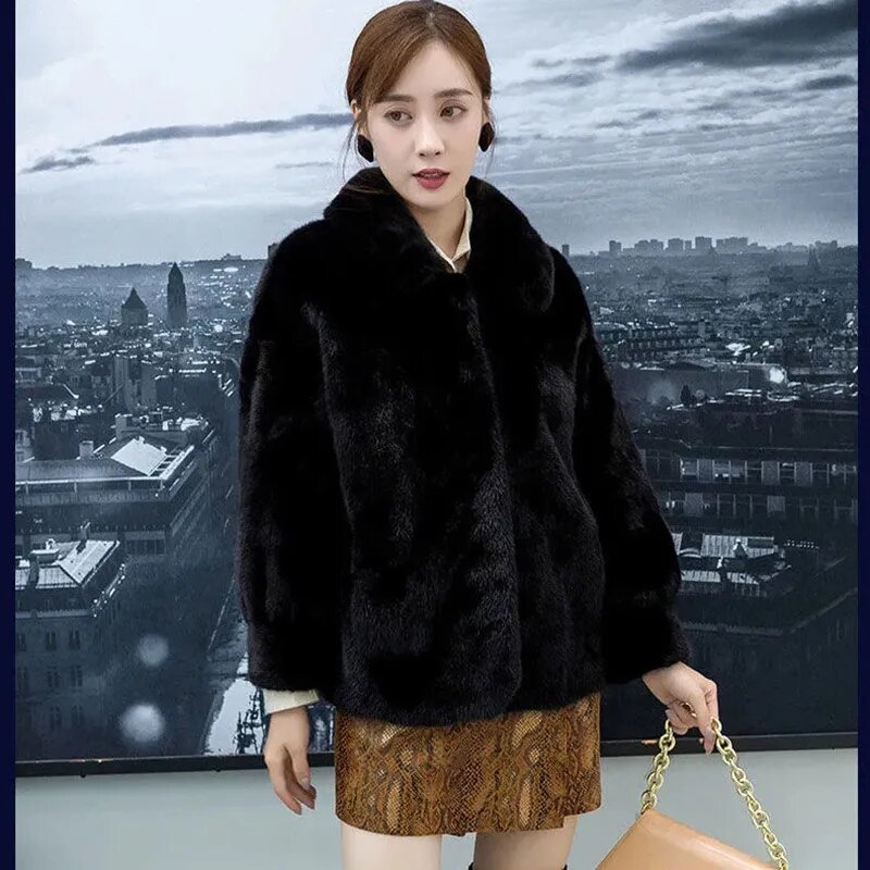 Winter High End Faux Fur Coat Women Fashion Solid Turn-Down Collar Short Plush Jacket Ladies Imitation Mink Fleece Coats