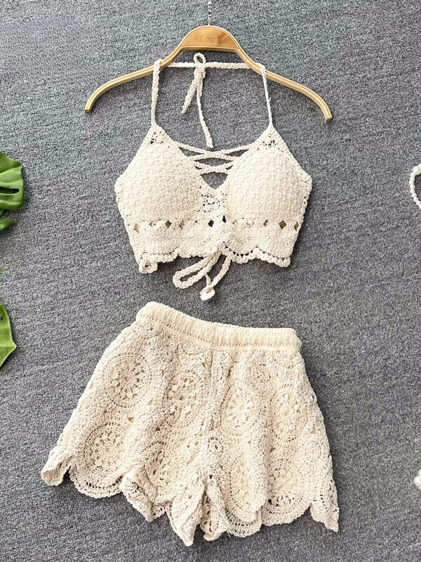 2024 New Knit Two Piece Sets Women Summer Vacation Backless Camisole Elastic Waist Shorts Hollow Out Y2K Beach Style Suits