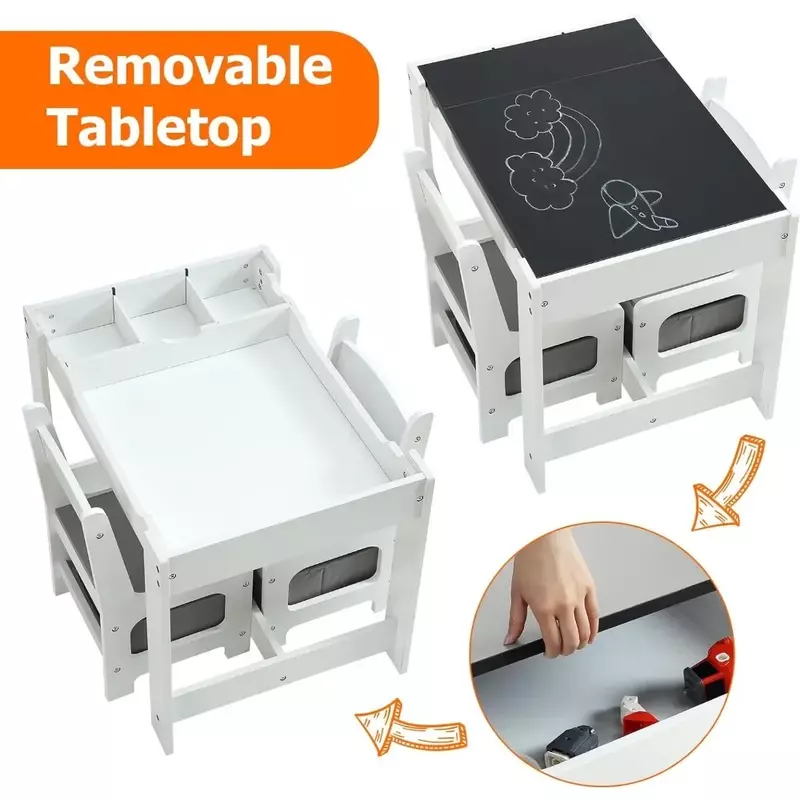 Kids table set, 3-in-1 kids activity table with storage, detachable tabletop, chalkboard, 3-piece toddler furniture set