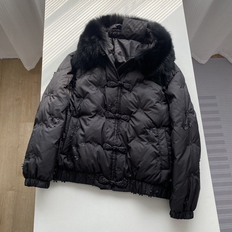 女性のためのシングルブレストフード付きジャケット,ダックダウンコート,真のキツネの毛皮の襟,エレガントで暖かい,冬,新しい,2023, 2023