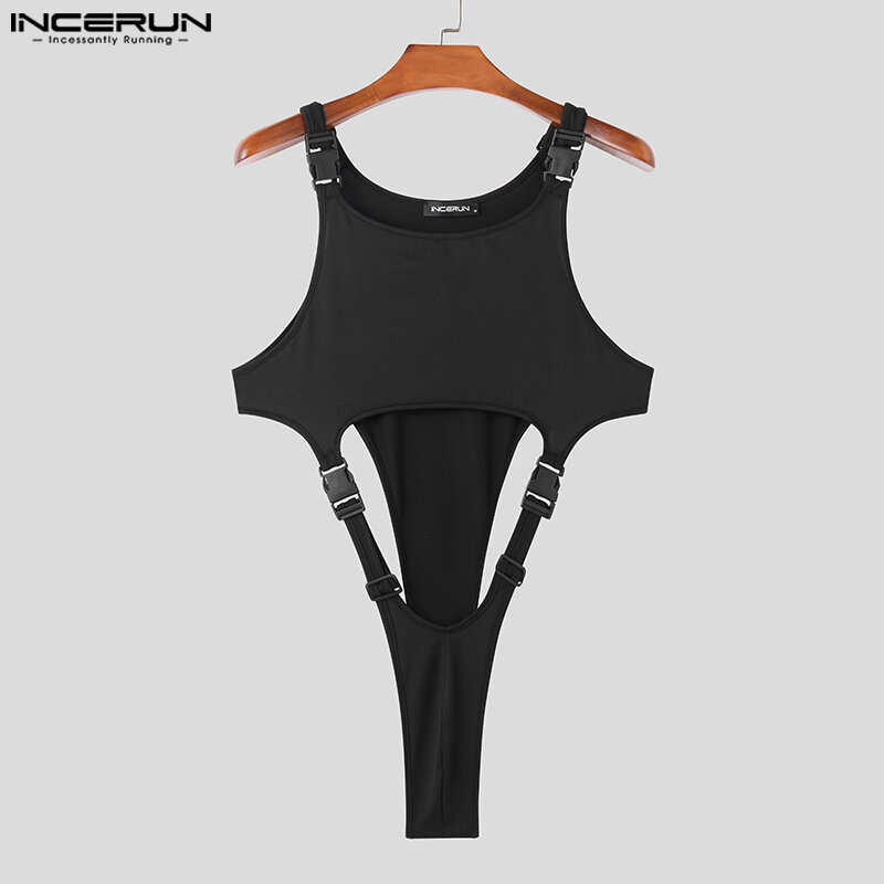 Incerun 2024 Sexy Stijl Bodysuits Kleding Heren Casual Gesp Design Jumpsuits Stijlvolle Dunne Uitgeholde Mouwloze Homewear S-5XL