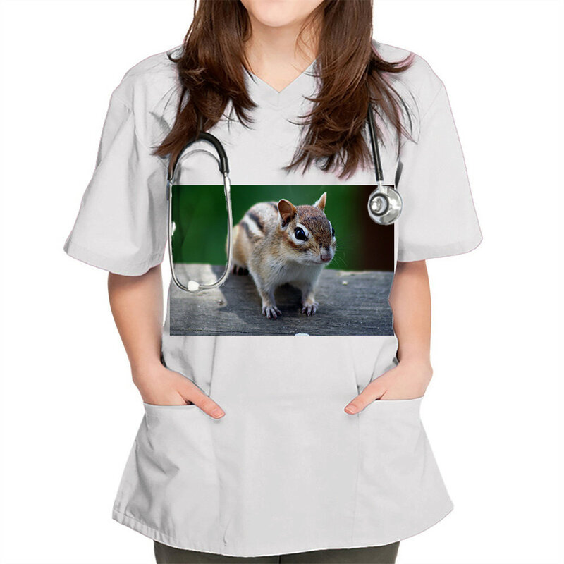Donne animal Print infermiera uniforme manica corta con scollo a v top lavoro uniforme stampa tasca camicetta top Pet Grooming uniformi