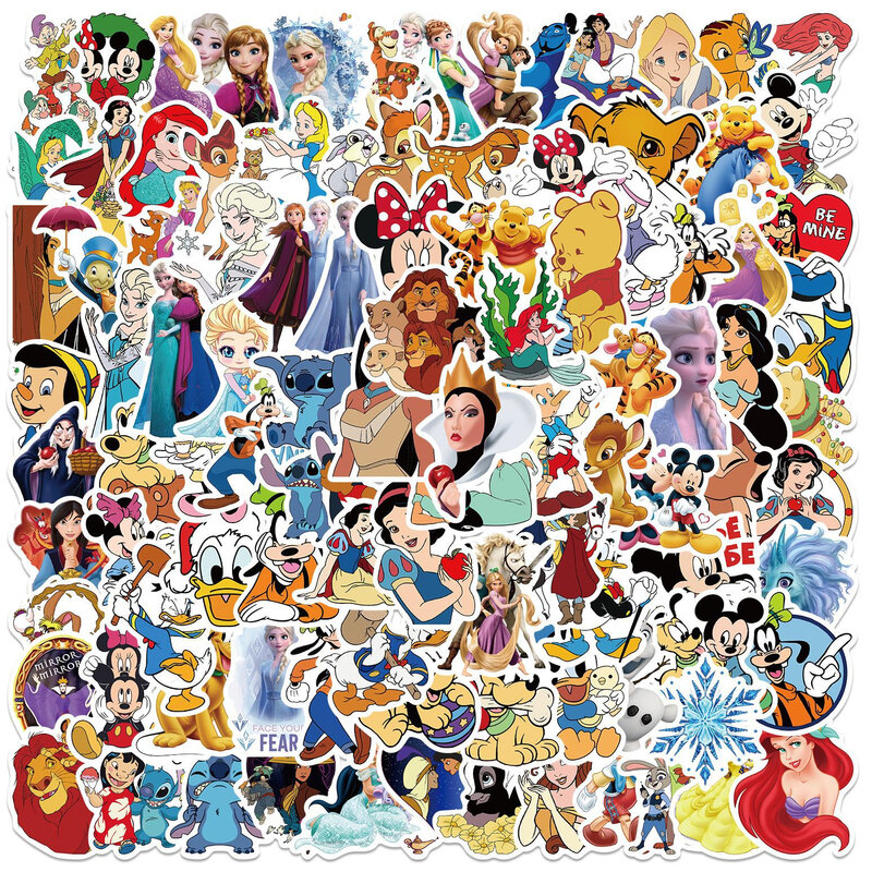 Stiker Stitch kartun campuran Disney, 50/100 buah stiker Mickey DIY bagasi Laptop ponsel sepeda motor stiker tahan air mainan anak