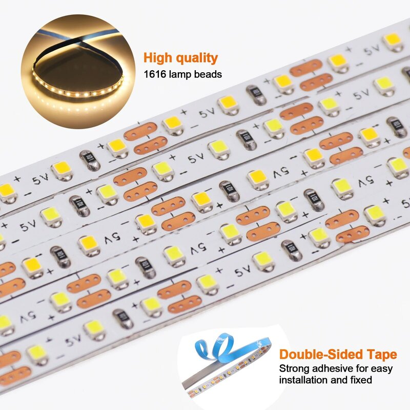 Bande lumineuse LED flexible pour décoration de cuisine, ruban à diodes, blanc chaud et blanc, DC5V, SMD1616, 180LED par m, 4mm