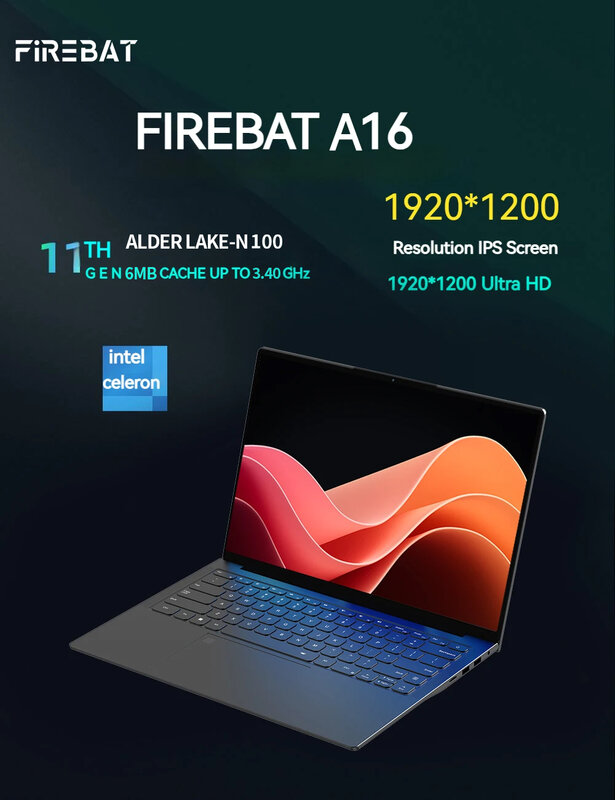 FIREBAT 휴대용 100% sRGB 노트북, 울트라 슬림 DDR4, 16G RAM, 1TB 1920*1200, 인텔 N100, N5095, 16 인치