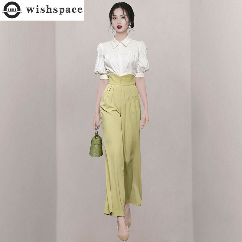 Korean Popular Bubble Sleeve Chiffon Shirt Wide Leg Strap Pants Two-piece Set Elegant Women Pants Set Office Outfits