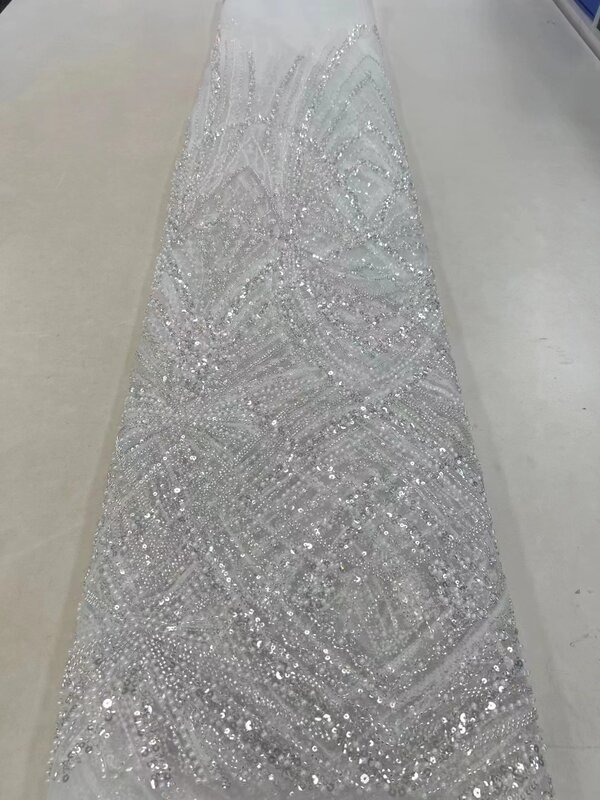 5 Yards Luxury Bead Tube ricamo tessuto di pizzo 2023 tessuti di maglia di Tulle con paillettes di alta qualità per abito da sposa Sewin ZX