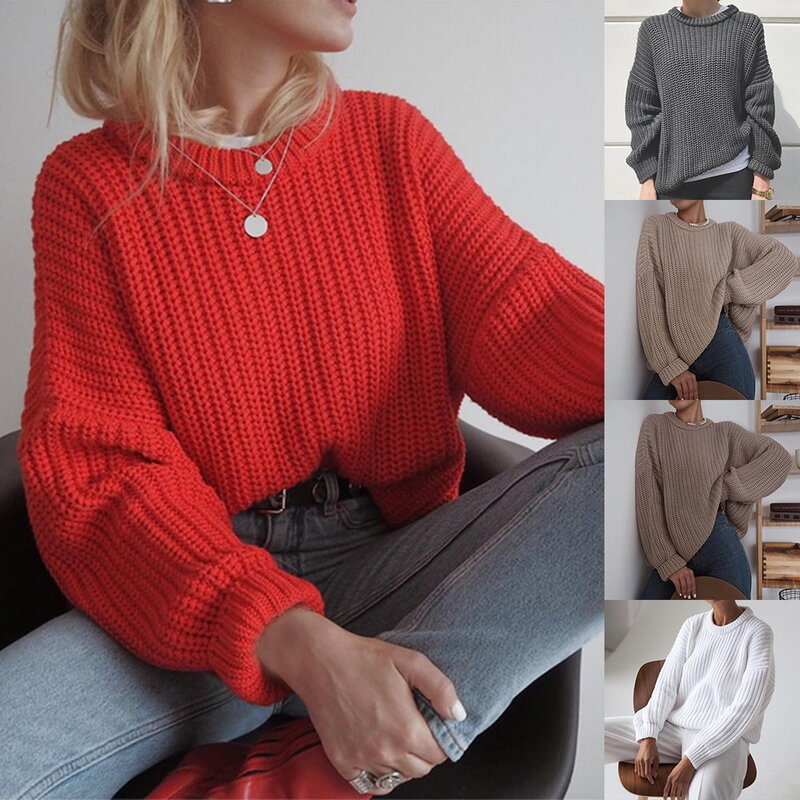 Atasan sweter rajut wanita, Sweater kasual lengan panjang Solid leher O Vintage Pullover longgar Harajuku musim gugur musim dingin Korea Chic