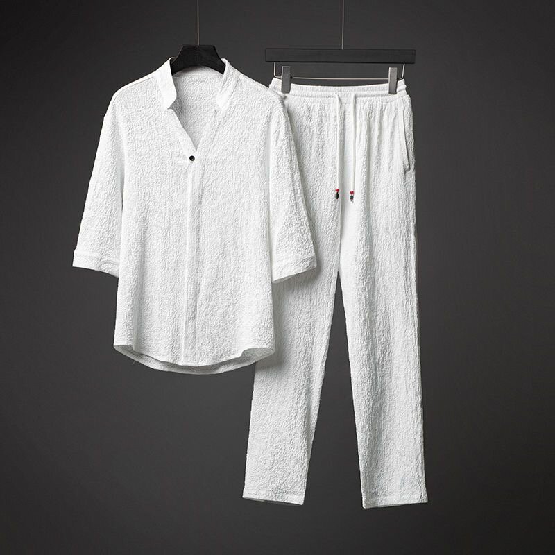 2024 Summer New Fashion Trend Solid Color Cotton Linen Set Men's Casual Relaxed Comfortable Breathable Sports Two-Piece Set