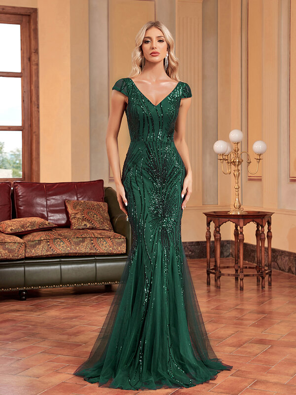 Lucyinlove Luxury Sleeveless Green Sequin Formal Evening Dress Women 2024 Elegant Mermaid Party Maxi Prom Arabia Cocktail Gowns