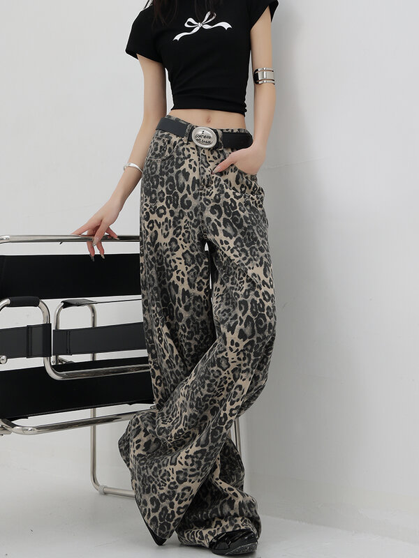 Jeans de cintura alta estampado leopardo feminino, calça vintage de pernas largas jeans casual, moda streetwear, verão, novo, Y2k