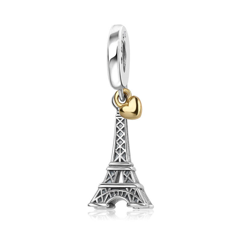 Abalorio doble de Plata de Ley 925 para mujer, accesorio creativo de la Torre Eiffel, Corazón Dorado, compatible con pulsera Pandora, joyería para citas