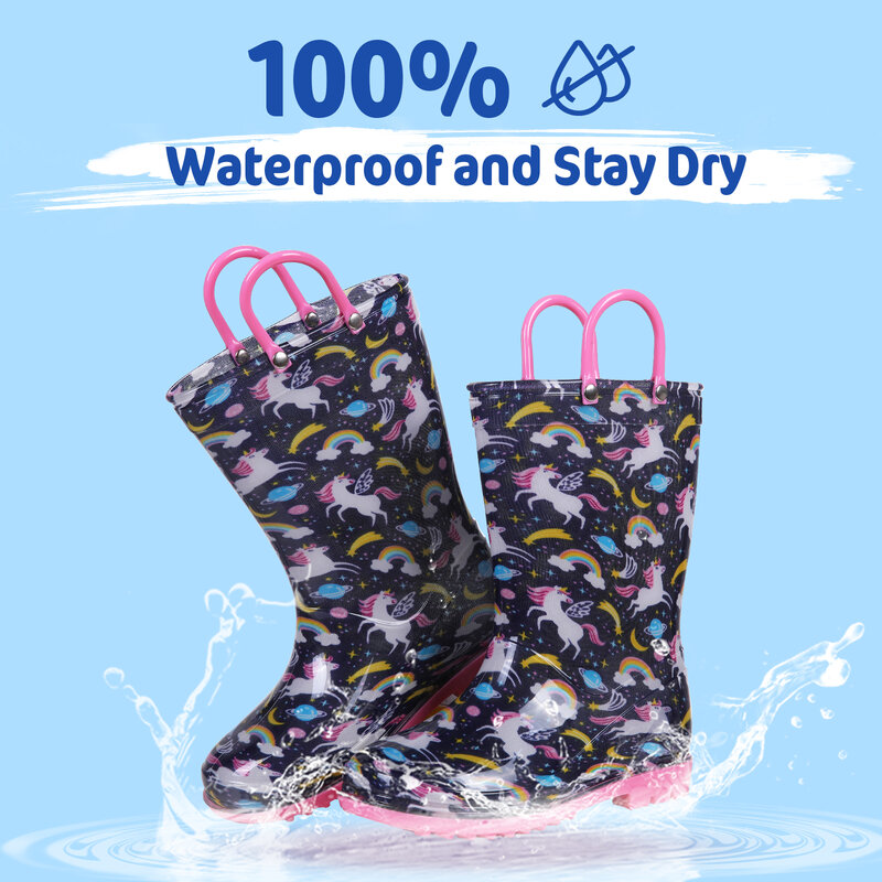 Shevalues-Botas de lluvia con asas para niños pequeños, zapatos de lluvia Unisex, lindos dinosaurios, unicornio, botas antideslizantes impermeables para exteriores