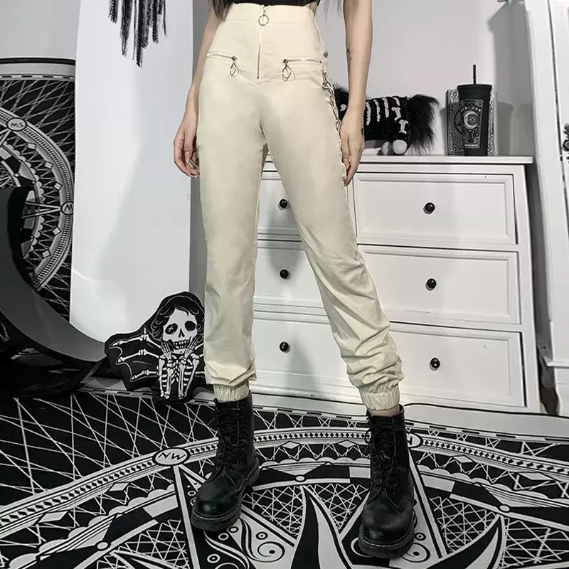 Gothic Style Harajuku Zipper Streetwear Women Casual Harem Pants Chain Pure Black Pants Cool Fashion Hip-hop Trousers Trousers