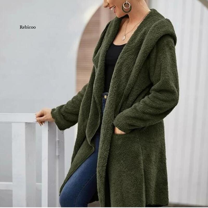 2022สอง Fluff Hooded Coat ฤดูหนาวใหม่ Faux Fur Oversize ยาวขนสัตว์เสื้อสเวตเตอร์ถัก Parka Plush เสื้อ