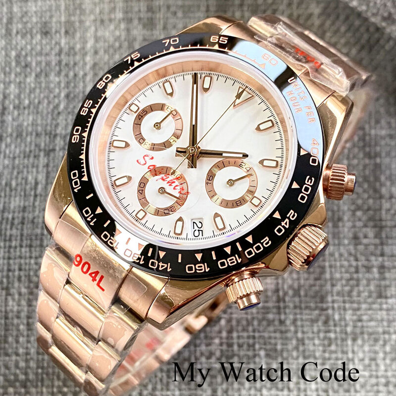 Velocidade ouro rosa cronógrafo vk63 aço relógio de quartzo para homem thee-eye dial 904l pulseira personalizar logotipo relógio esporte relógio de pulso