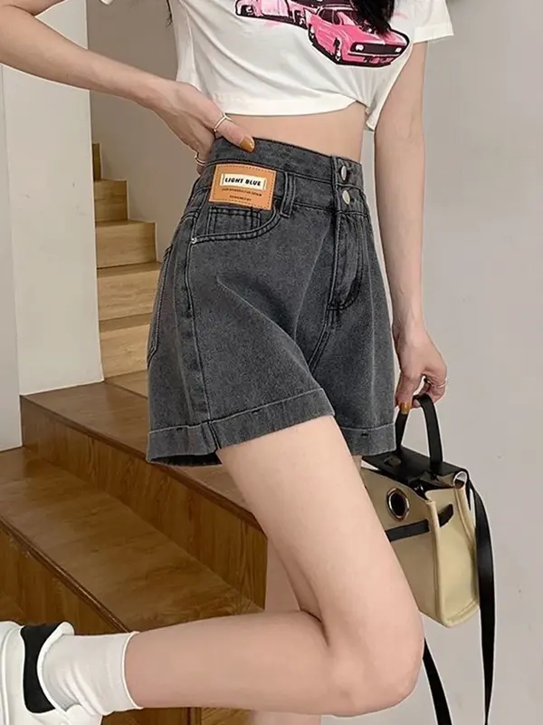 Harajuku Grey Women Denim Shorts Korean Academy Style Casual Wide Leg Shorts Summer High Waist Fashion Loose Button Shorts New