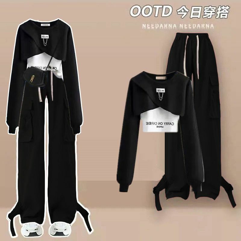 Spring and Autumn Work Style Set for Women's Korean Loose Design Top+suspender+Work Wide Leg Pants Three Piece Set