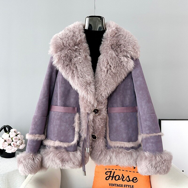 Chaqueta cálida con forro de pelo de conejo para mujer, abrigo corto con cuello de lana, moda de invierno, nuevo diseño, JT439, 2023