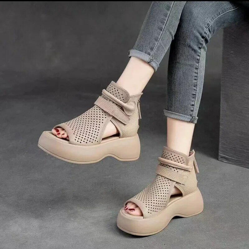Summer Women Sandals Shoes Platform Sandals Leather Lace-up Martin Boots Chunky Lace-Up Retro Sewing Handmade Concise Sandals